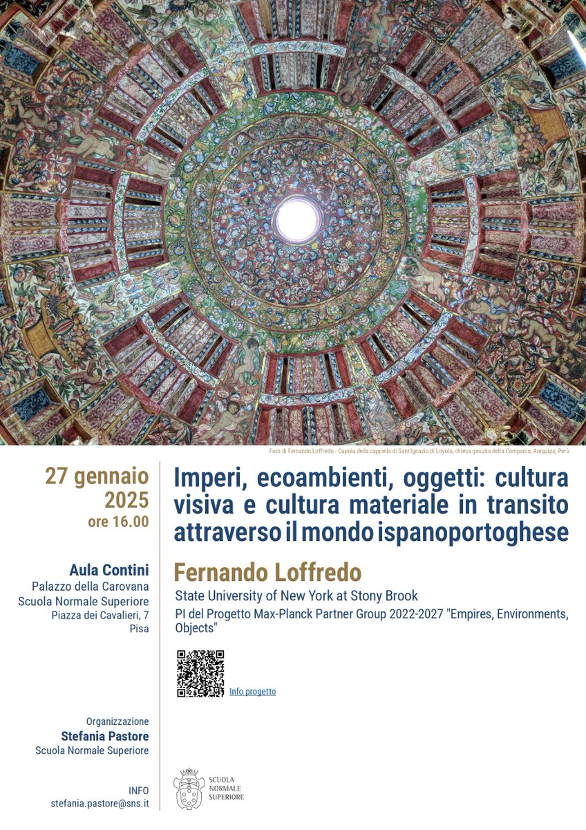 "Imperi, ecoambienti, oggetti: cultura visiva e cultura materiale in transito attraverso il mondo ispanoportoghese".
I dettagli su 👉 sns.it/it/evento/impe… 
📅 27 gennaio
⏰ Ore 16.00
🌍 Aula Contini, Palazzo della Carovana