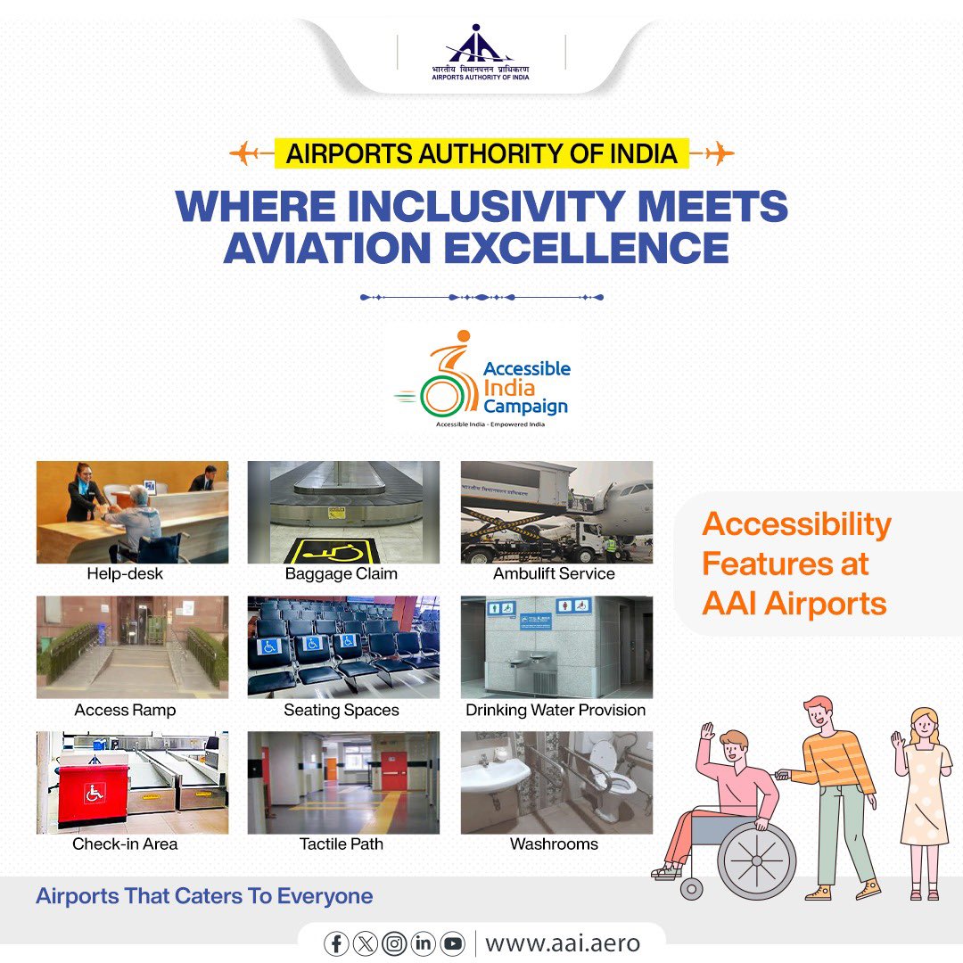 AAI_Official's tweet photo. The Airports Authority of India places the utmost importance on making #AirTravel completely accessible for everyone, including #Divyangjans & individuals with #ReducedMobility. In line with the @MSJE_AIC #AccessibleIndia Campaign, #AAI diligently upholds a robust set of #Accessibility Standards & Guidelines ensuring an inclusive, seamless and enriching #AirportExperience for all Passengers.