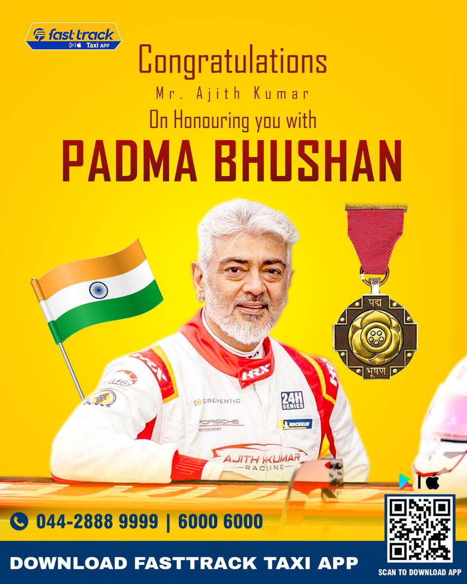TaxiFastTrack's tweet photo. Heartiest congratulations to the legendary Ajith Kumar on being honored with the prestigious Padma Bhushan! #ThalaAjith #PadmaBhushan #Inspiration #Legend #FasttrackCabs https://t.co/DCBlC26E0T
