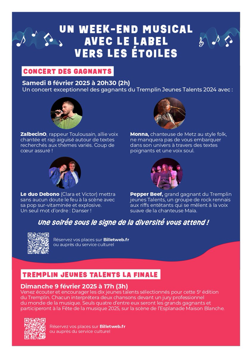 WEEK-END VERS LES ÉTOILES

🧑‍🎤 Concert des gagnants 
📆 8 fév. à 20h30
Un concert exceptionnel des gagnants du Tremplin Jeunes Talents 2024
🎟️​ billetweb.fr/soiree-vers-le…

🔊 Tremplin Jeunes Talents : la finale
📆 9 fév. à 17h
🎟️​ billetweb.fr/tremplin-jeune…

📍Au théâtre de Châtillon
