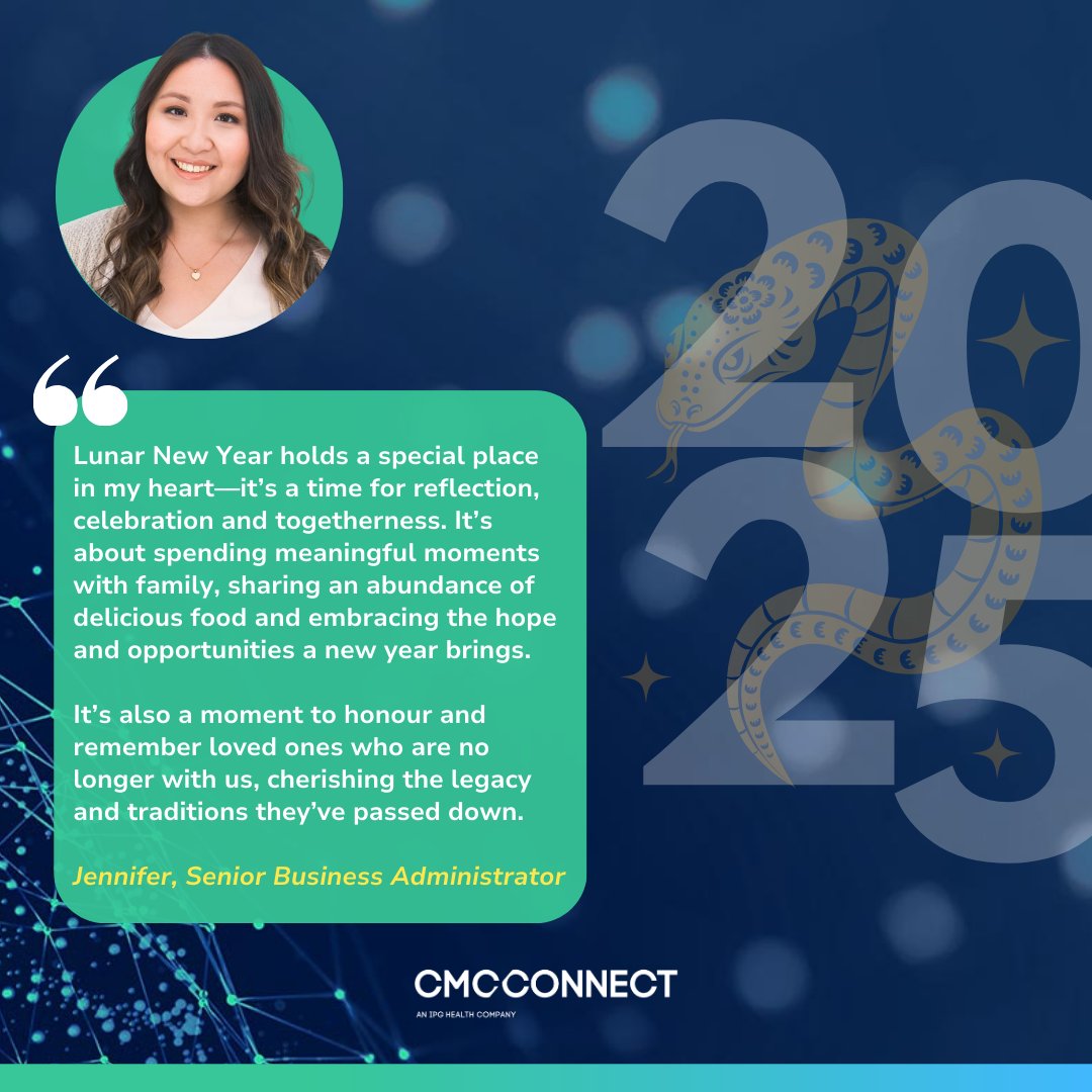 Connect_CMC's tweet photo. Happy Lunar New Year! 🏮🌕

Wishing you prosperity, happiness, and success this #LunarNewYear!

The #YearOfTheSnake is a powerful symbol of transformation, wisdom, and renewal 🐍

Jennifer shares her thoughts on what Lunar New Year means to her and how she celebrates this special time.

@IPGH_MedComms 

#DiversityAndInclusion #MedComms #WeGetHealthcareTalking