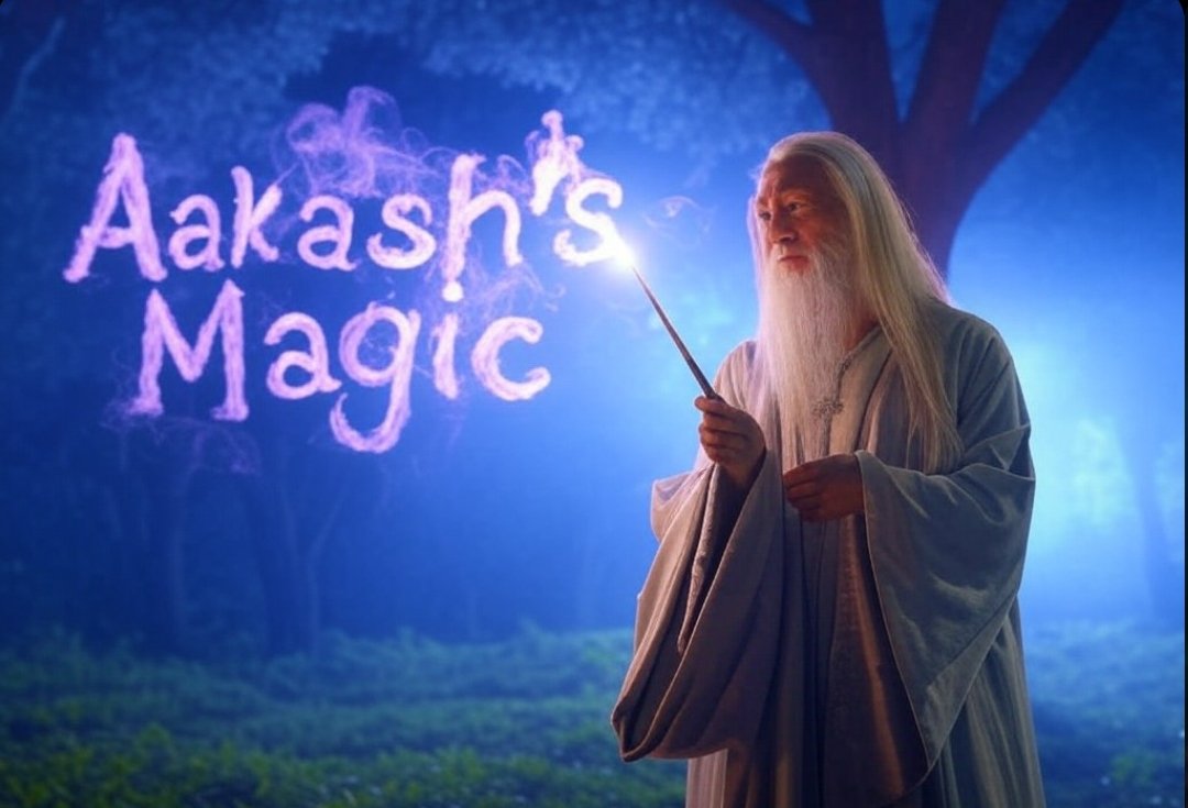 Prompt:-
Prompt: The wizard waving a magic wand in his hand presents “Aakash's Magic” text composed of purple smoke, magic, fantasand y, accurate spelling of words.