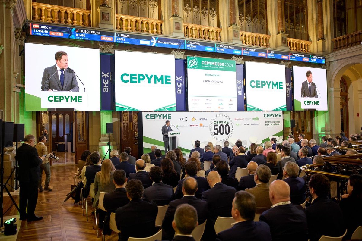 cepyme_'s tweet photo. #PRESENTACIÓNCEPYME500
🗣️ GERARDO CUERVA, presidente de CEPYME
“Con sólo igualar la media europea de número de trabajadores por empresa, España crearía un millón de empleos nuevos, tendría un crecimiento del PIB de 5,6% y lograría, mediante el significativo incremento de la recaudación, una reducción del déficit fiscal de un punto y medio.”

#CEPYME500 #pymes #crecimientoempresarial