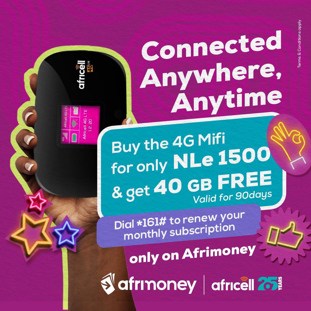 AfricellSalone's tweet photo. We Mifi Still Dae For Yu🤩. 

Get our fast & speedy 4G MIFI for just NLe1,500 & receive 40GB extra FREE valid for 90 Days‼️

Dial *161*# to subscribe to the UNLIMITED Monthly Bundles or *161*3*7# for the Unlimited Weekly Bundles available exclusively on #Afrimoney💡.

#KamJoinWi and stay connected with #AfricellSL 💜. 

Terms & Conditions Apply🙏🏾.

#YaBetteh
#AfrimoneySL
#DiNetwork4U
#SaloneTwitter
#SaloneX