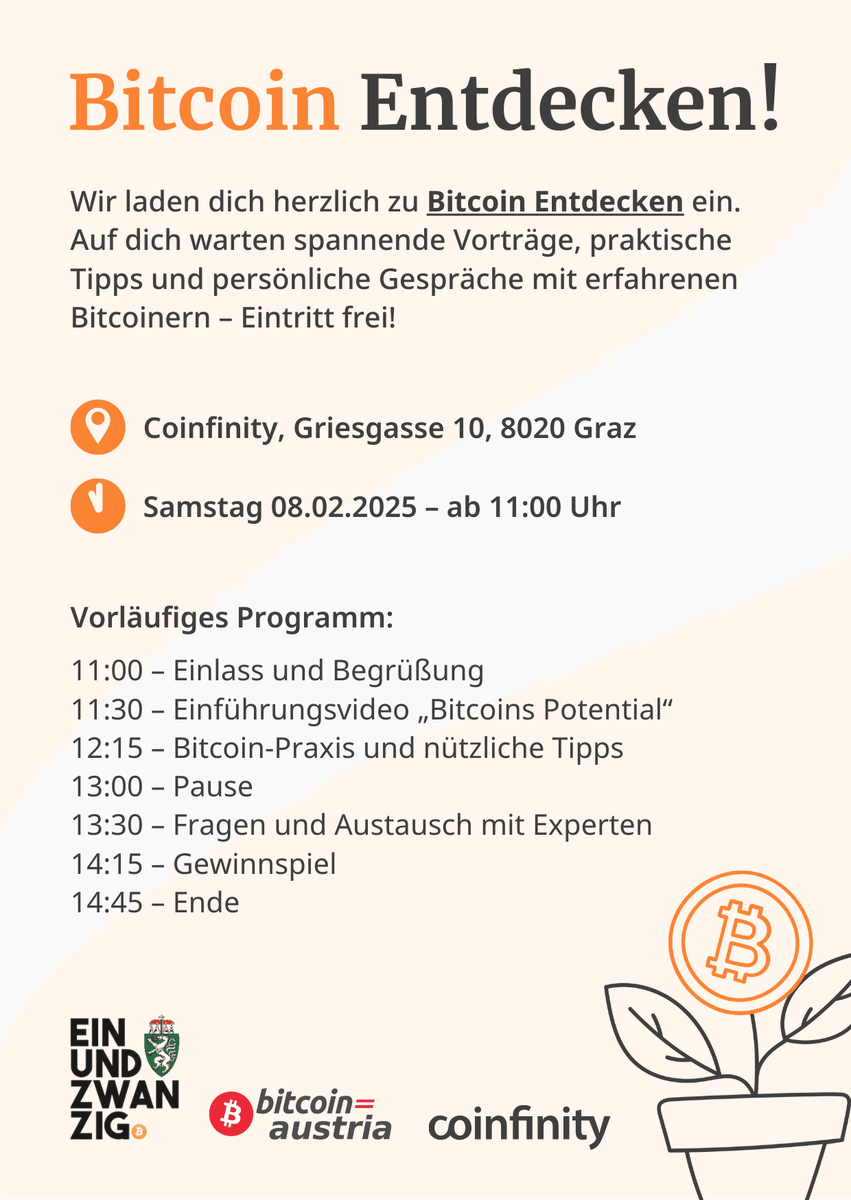 Coinfinity ⚡️ (@coinfinity) on Twitter photo Gemeinsam mit <a href="/bitcoin_at/">Bitcoin Austria</a> & <a href="/EinundzwanzigSt/">Einundzwanzig Styria</a> laden wir zum ersten dezentralen Informationstag "Bitcoin Entdecken" ein! 🟠
Besuche uns am 08.02.2025 ab 11:00 Uhr im Coinfinity Office. Wir freuen uns auf dich! 🪴 Gemeinsam mit <a href="/bitcoin_at/">Bitcoin Austria</a> & <a href="/EinundzwanzigSt/">Einundzwanzig Styria</a> laden wir zum ersten dezentralen Informationstag "Bitcoin Entdecken" ein! 🟠
Besuche uns am 08.02.2025 ab 11:00 Uhr im Coinfinity Office. Wir freuen uns auf dich! 🪴