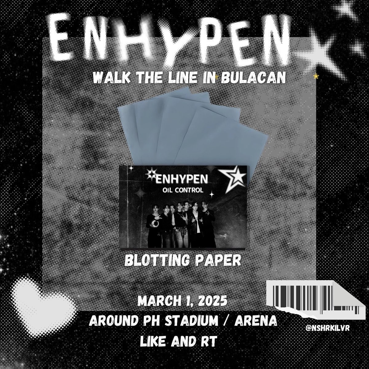 nshrkilvr's tweet photo. ⟡˖ ࣪  ENHYPEN WALK THE LINE .ᐟ ⟡˖ ࣪  

. . a ot7 EN-control blotting paper 
        fan support  by nshrkilvr  

✮ March 01, 2025
✮ like and rt  
✮ loc : tba 

see uuu .ᐟ 

#WALKTHELINE_IN_BULACAN #ENHYPEN https://t.co/IcNGYe2swO