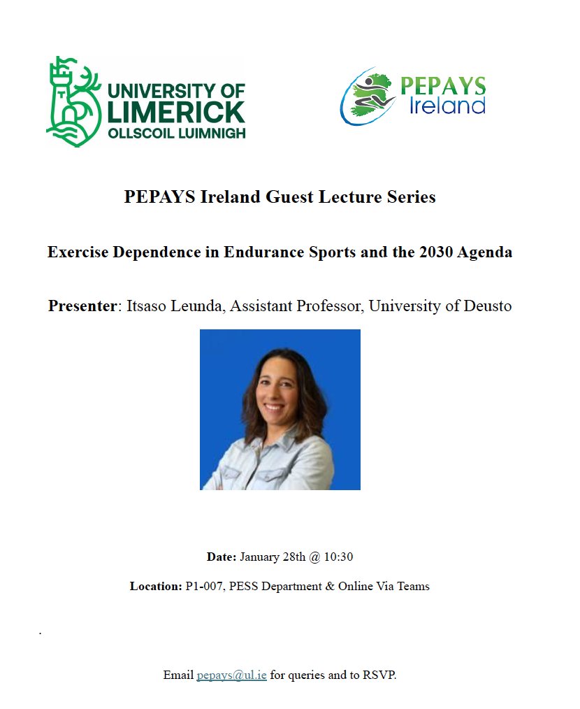 Dr Itsaso Leunda from the University of Deusto (Basque Country) will be giving a PEPAYS guest lecture on Tuesday 28th January at 10:30 in the PEPAYS room (P1-007). The session will be recorded and made available at ul.ie/ehs/pess/pepay….