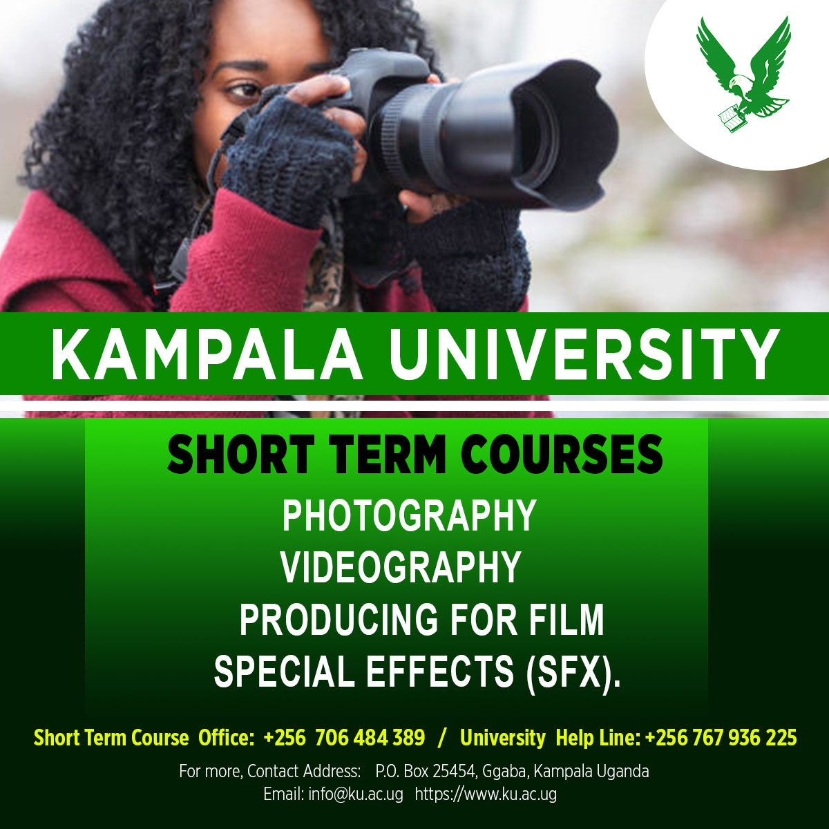ku_original's tweet photo. HandsOn Short-Term Courses.
1. Photography
2. Videography
3. Film Producing
4. Special Effects (SFX)
Apply now and start building your creative future.
#KampalaUniversity #HandsOn https://t.co/bK9Bh9EQmX