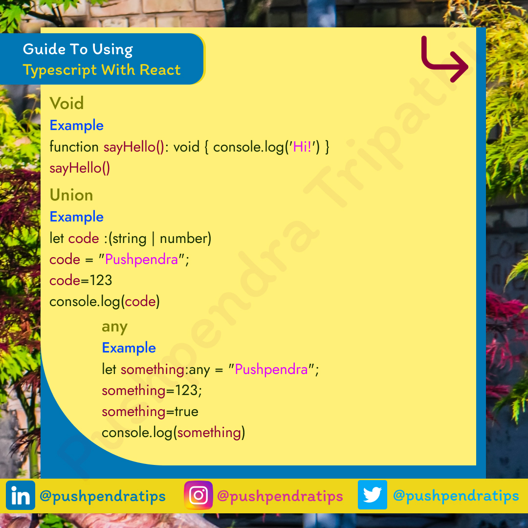 pushpendratips's tweet photo. 🚀Guide To Using  Typescript With React  
------------- -----------------------  

#JavaScriptforBeginners #viral #viralvideos #viralreels #viralreel #newpost #newreels #trending #trend #Trending #TrendingNow #mern #nodejs #PrimitiveDataTypesinJavaScript https://t.co/Xjf8rn0kN8