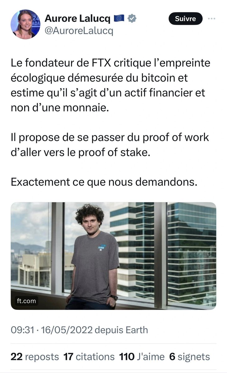 Proxy18387764's tweet photo. @StachAlex Le post d'@AuroreLalucq soutenant FTX, depuis effacé, mérite d'être rappelé. Pour rappel, des études revues par des pairs montrent qu'en passant à la preuve d'enjeu, Ethereum a perdu son rôle potentiel dans la transition énergétique. Quant à FTX... c'était un Ponzi. https://t.co/gpcpPqhPCK