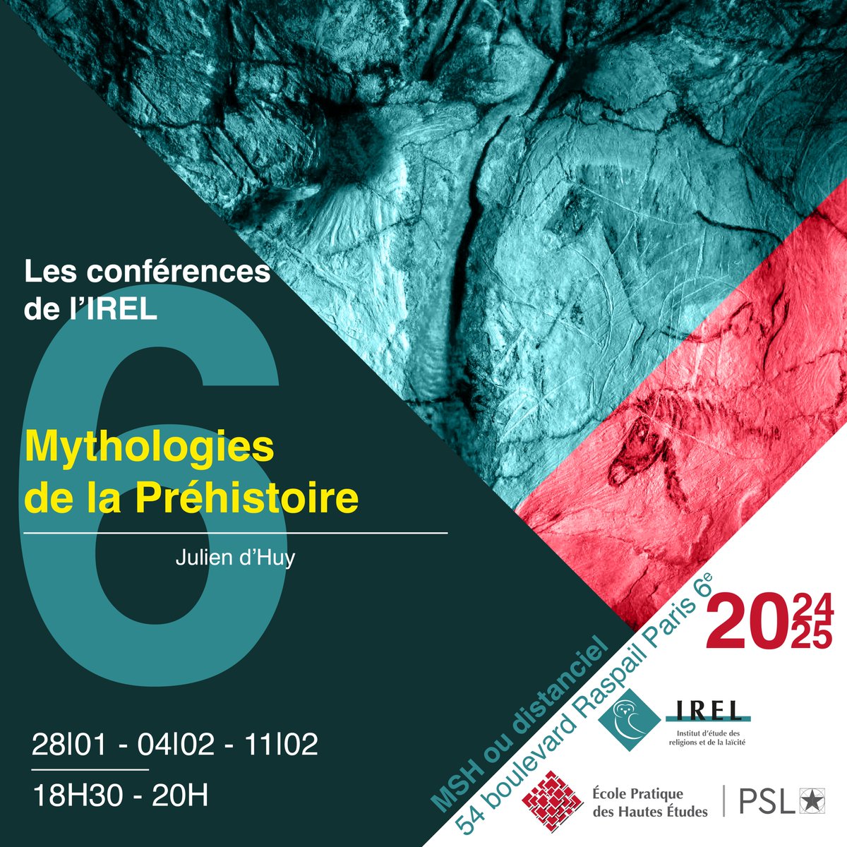 🥁 Le cycle sur les mythologies de la #préhistoire commence demain !
📌 dans les locaux de l'<a href="/EPHE_PSL/">École Pratique des Hautes Études - PSL</a> à la <a href="/FondationMSH/">Fondation Maison des Sciences de l'Homme</a> et en distanciel
👉 réservez vite vos places : urls.fr/E62z2Z