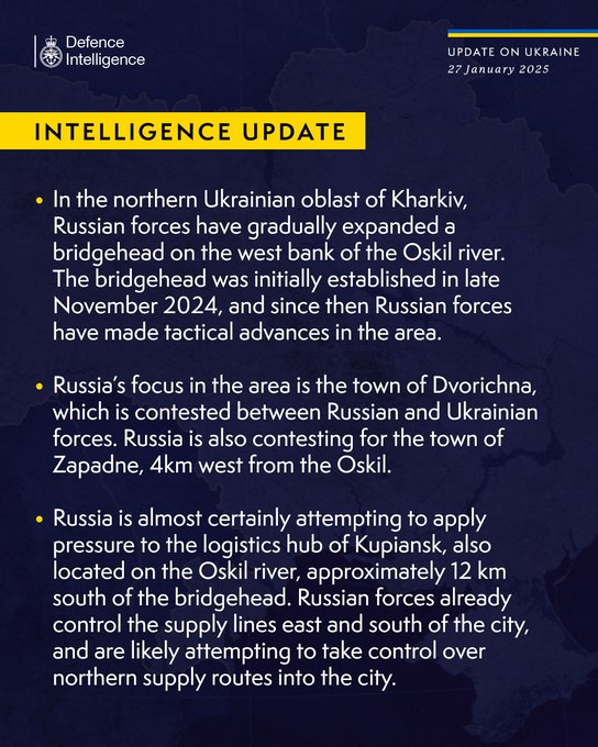 In the northern Ukrainian oblast of Kharkiv, Russian forces have gradually expanded a bridgehead on the west bank of the Oskil river. The bridgehead was initially established in late November 2024, and since then Russian forces have made tactical advances in the area. Russia’s focus in the area is the town of Dvorichna, which is contested between Russian and Ukrainian forces. Russia is also contesting for the town of Zapadne, 4km west from the Oskil. Russia is almost certainly attempting to apply pressure to the logistics hub of Kupiansk, also located on the Oskil river, approximately 12 km south of the bridgehead. Russian forces already control the supply lines east and south of the city, and are likely attempting to take control over northern supply routes into the city.