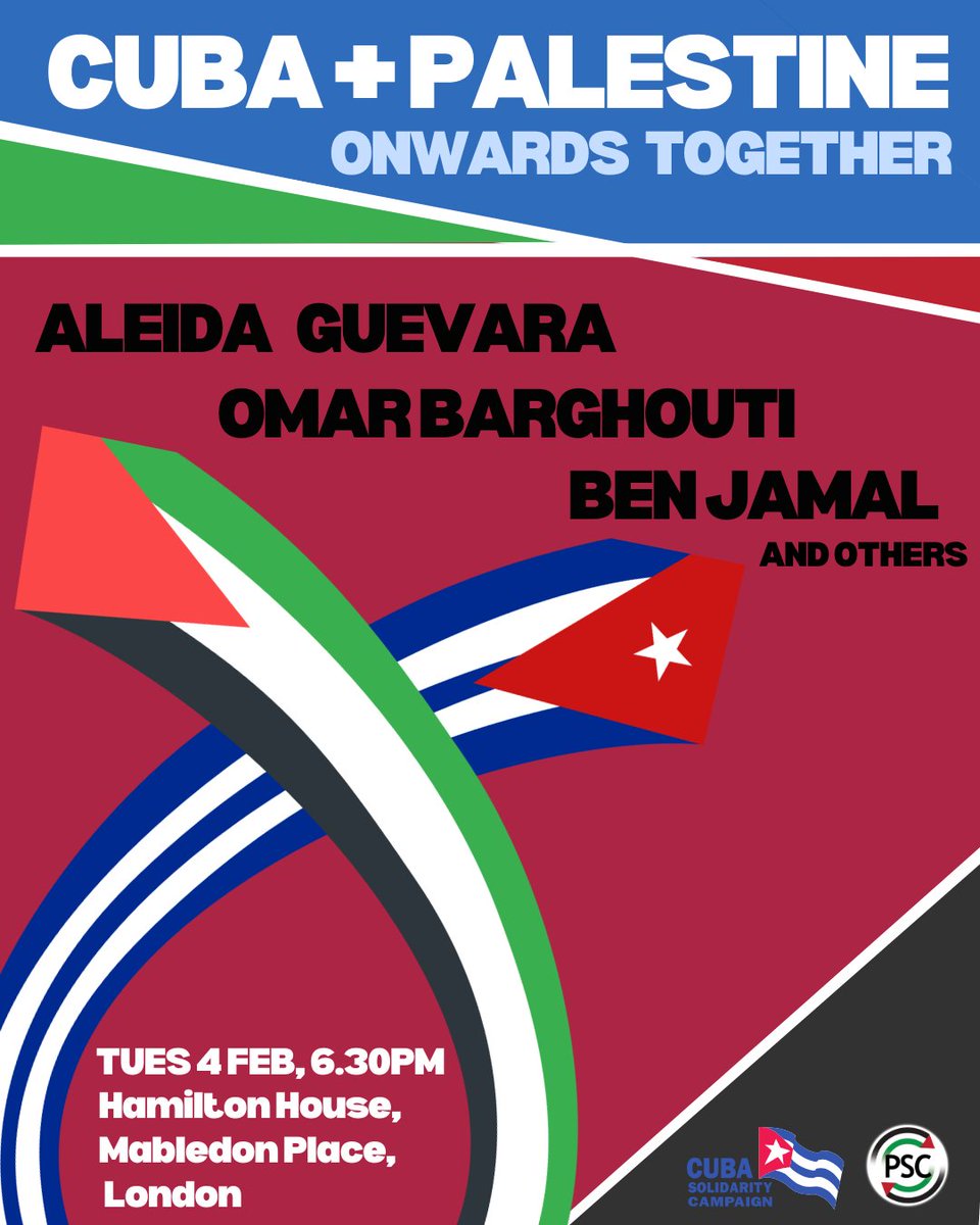 Palestine Solidarity Campaign (@pscupdates) on Twitter photo 📢 LONDON: Join <a href="/PSCupdates/">Palestine Solidarity Campaign</a> and <a href="/CubaSolidarity/">Cuba Solidarity Campaign</a> to hear the legendary Aleida Guevara and Omar Barghouti in conversation.
🕐 6.30pm, Tuesday 4th February
👉 Book your tickets here: eventbrite.ca/e/cuba-and-pal… 📢 LONDON: Join <a href="/PSCupdates/">Palestine Solidarity Campaign</a> and <a href="/CubaSolidarity/">Cuba Solidarity Campaign</a> to hear the legendary Aleida Guevara and Omar Barghouti in conversation.
🕐 6.30pm, Tuesday 4th February
👉 Book your tickets here: eventbrite.ca/e/cuba-and-pal…