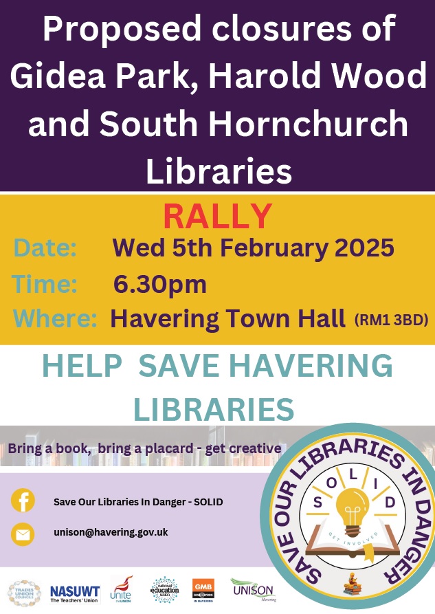 It is  disappointing that Havering is moving forward with a proposal to close 3 libraries—an action that will  impact the community.
We have organised a gathering outside Havering Town Hall on 5th Feb, at 6:30 PM, just before the cabinet meets to make their final decision