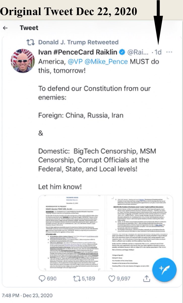 RealKeyWestJess's tweet photo. REMINDER: Army Lt Col @IvanRaiklin (Ret) & Constitutional Attorney posted the #PENCECARD memo under his first (censored) account @Raiklin on Twitter outlining the exact process on Dec. 22, 2020. President Trump re-tweeted it Dec. 23, 2020 and from there Pence & Pelosi gave birth to what we all know now as J6.
Article: https://t.co/lmPoXrsheu…