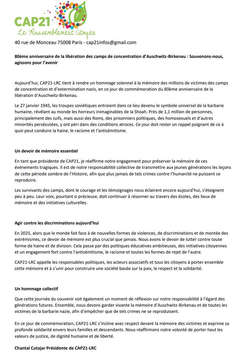 Cap 21 - Le Rassemblement Citoyen (@cap21_lrc) on Twitter photo En cette journée du 80ème anniversaire de la libération #AuschwitzBirkenau , souvenons-nous et agissons pour l'avenir.
Notre communiqué ⬇️
#MemoireDelHolocauste #Auschwitz
<a href="/corinnelepage/">Corinne Lepage</a> <a href="/CHANTALCUTAJAR/">CHANTAL CUTAJAR</a> <a href="/AmandineRapenne/">Amandine Rapenne</a> En cette journée du 80ème anniversaire de la libération #AuschwitzBirkenau , souvenons-nous et agissons pour l'avenir.
Notre communiqué ⬇️
#MemoireDelHolocauste #Auschwitz
<a href="/corinnelepage/">Corinne Lepage</a> <a href="/CHANTALCUTAJAR/">CHANTAL CUTAJAR</a> <a href="/AmandineRapenne/">Amandine Rapenne</a>