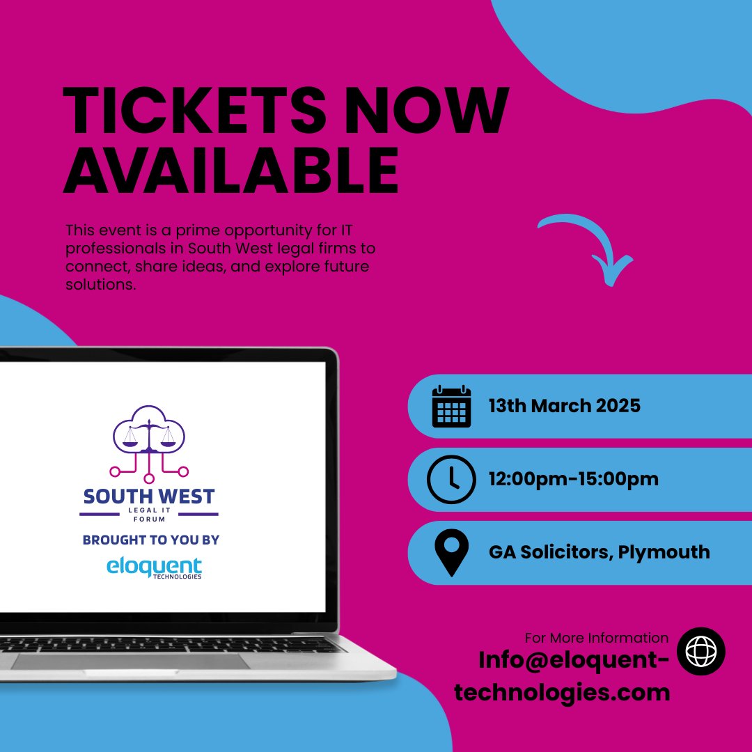 🎉Announcement!🎉

We are excited to share that the South West Legal IT Forum, chaired by Steve Turner, is coming to GA Solicitors, Plymouth on 13th March 2025!

🔗 Register now - eventbrite.co.uk/e/114428845055…