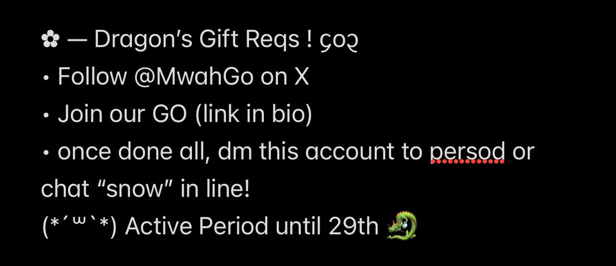 ✿ —Mwah GO CNY Ver!᧔o᧓

🧧 ： Lucky Hongbao!
• 2 pc aespa, 1 pc kiof (3 pemenang)
“Pcnyaa yang mana kaa?” 
> karena ini hongbao jadi secret yaa, check our GO for sneak peeks!

🐉 ： Dragon’s Gift!
• PERSOD CH apapun tidak akan dikenakan fee wh/adm ! 

! requirements below !