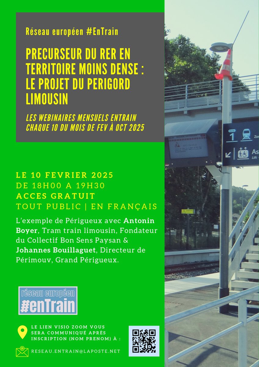 Précurseur du RER en territoire moins dense : le projet du Périgord limousin.
2ème webinaire 2025 : 10/02 de 18h à 19h30.

L’exemple de Périgueux avec Antonin Boyer, Tram train limousin et Johannès Bouillaguet, Périmouv. 

📩reseau.entrain@laposte.net
🌍reseauentrain.eu