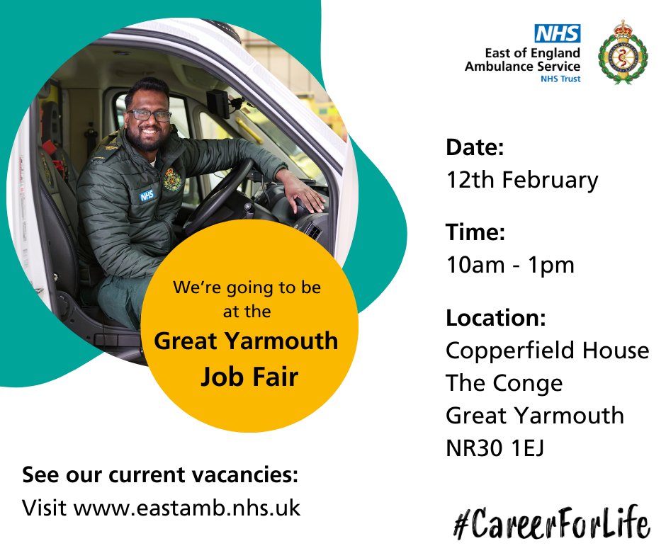 Our recruitment team are going to be at the Great Yarmouth Job Fair in February!

Come and talk about what a #CareerForLife with us could look like 🚑💻
