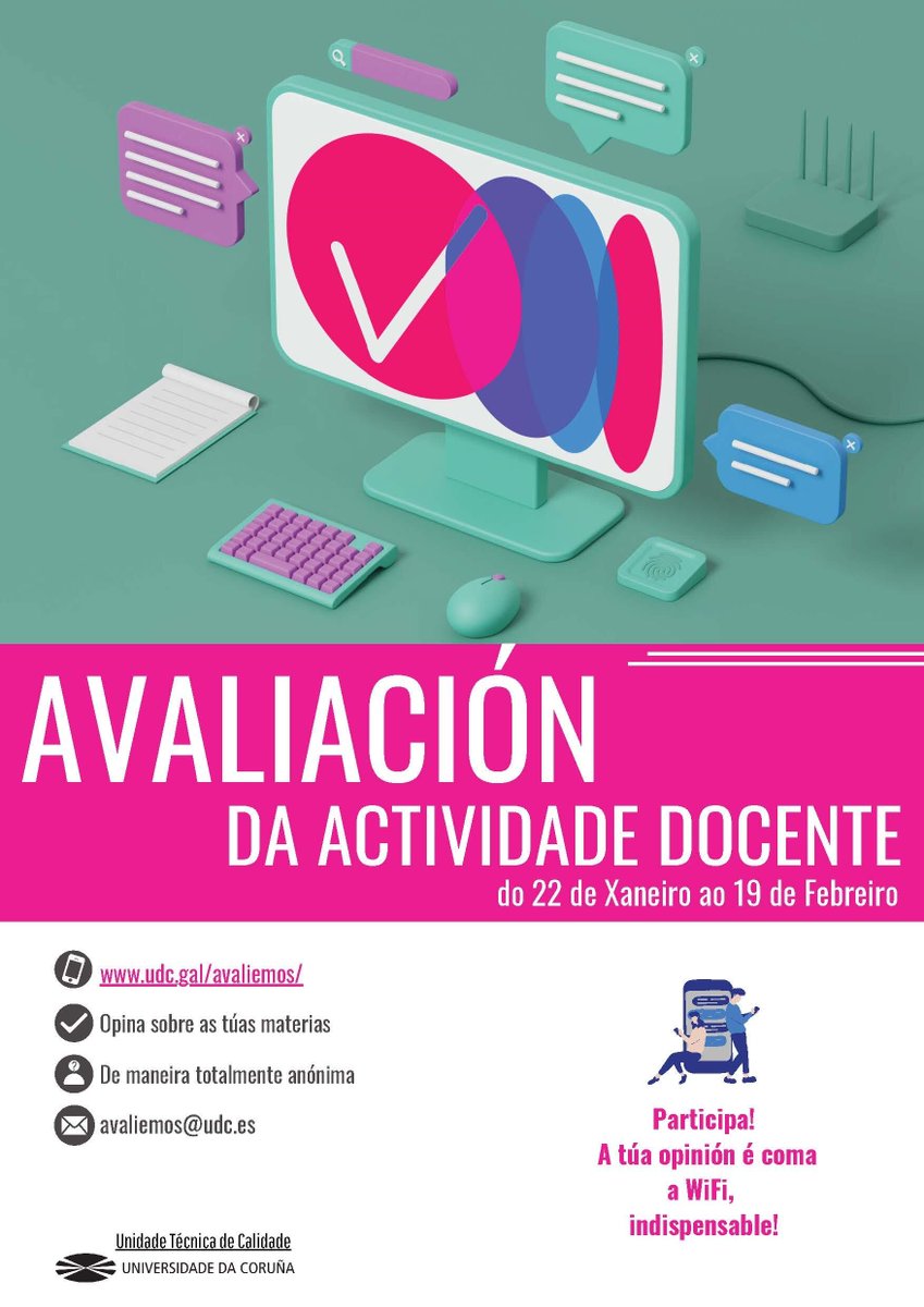 AVALIACIÓN DOCENTE

Xa está aberto o periodo de avaliación.

Aquí!:
udc.es/es/avaliemos/
