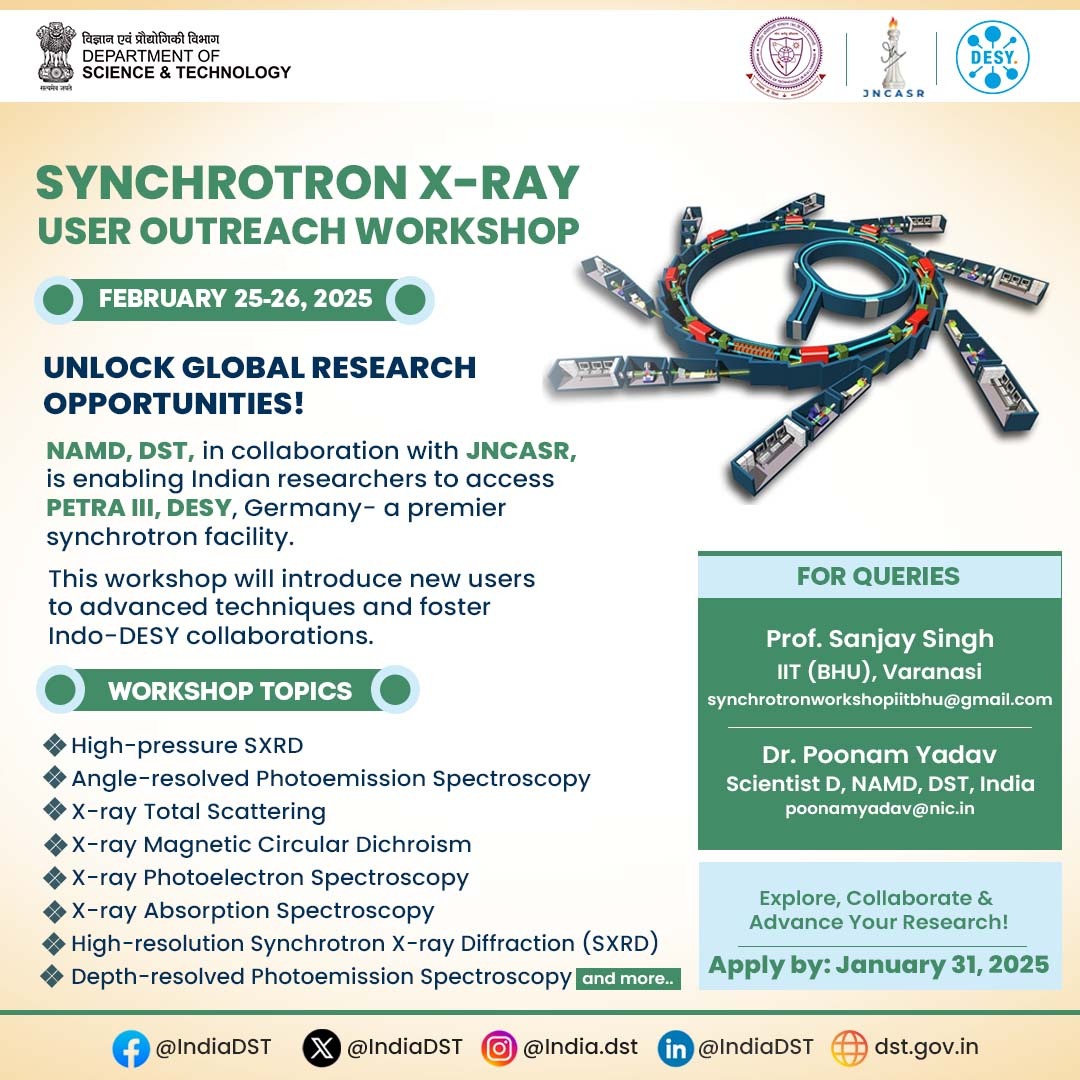 IndiaDST's tweet photo. 📢Join the Synchrotron X-ray User Outreach Workshop (DST India-DESY Germany Collaboration), organized by #NAMD, @IndiaDST &amp; @jncasr ✨

Learn cutting-edge synchrotron techniques at @desy, Germany!⚡

📅 Apply by: 31 Jan 2025

📩 Contact: synchrotronworkshoplitbhu@gmail.com https://t.co/D7SpQkbGNz