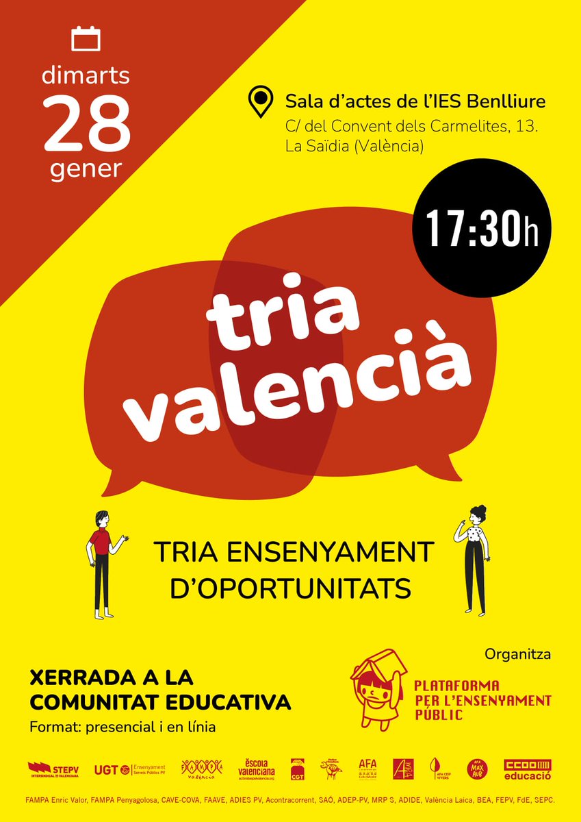 🚨ALARMA ACTIVISTA!🚨

📢 Hui dimarts 28 de gener, 17:30h Xerrada "Tria valencià: Tria ensenyament d'oportunitats" a l'IES Benlliure de València.

🔴 Recorda que pots seguir-la en directe per YouTube:
youtube.com/@PlataformaenD…

#TriaValencià #Educació #EscolaValenciana