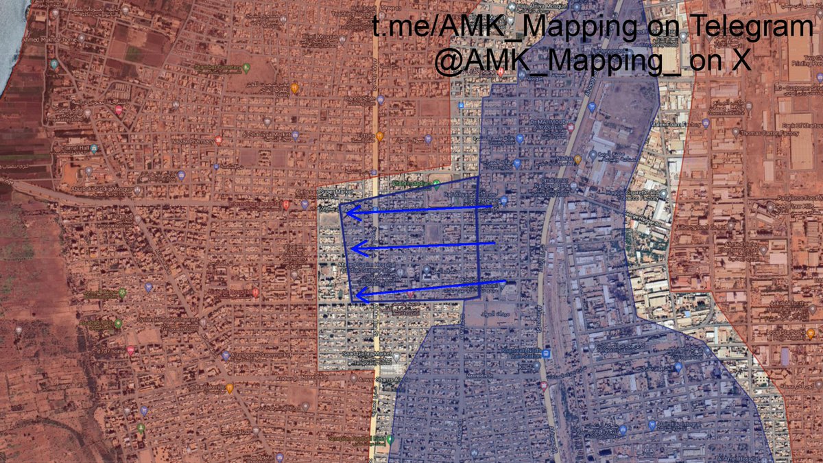 AMK_Mapping_'s tweet photo. The Sudanese Armed Forces (SAF) have begun attacking west from their positions near the Khartoum Industrial City, taking up new positions.

The SAF advanced west, crossing the highway, and reached one of the ministry of education sub-complexes. They also captured a medical complex and a series of residential blocks. 

+ ~0.50km² in favour of the SAF