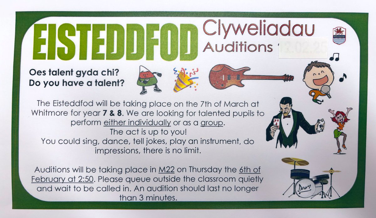 🏴󠁧󠁢󠁷󠁬󠁳󠁿Clyweliadau ar gyfer disgyblion 7 ac 8 ar 6/2/25!! Dewch i M22 ar diwedd y dydd.🌟🎵🎸
🇬🇧Auditions for year 7 and 8 on the 6/2/25!! Come to M22 at the end of the day.🌟🎵🎸