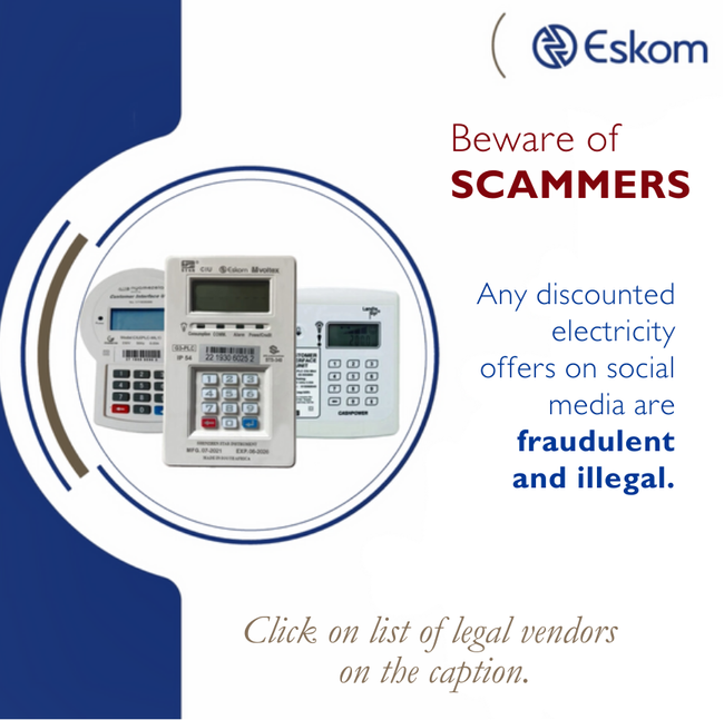 Eskom_SA's tweet photo. Beware of scammers! Only purchase electricity from a legal vending outlet. A list of legal vendors is available at https://t.co/uGm2ZhrjCY
#BeSafe #BeLegal https://t.co/5c69nY5a5E