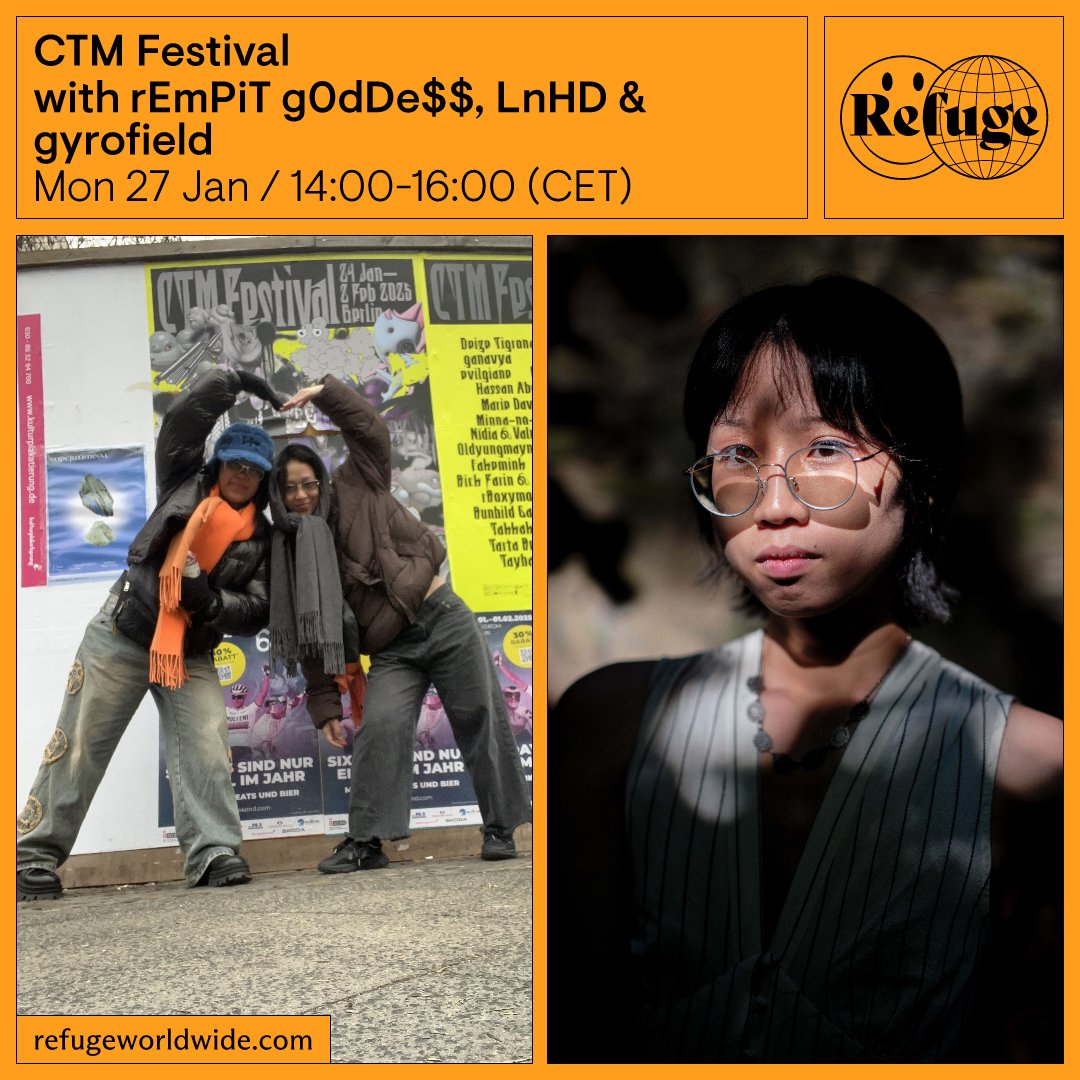 Join us today on <a href="/RefugeWorldwide/">Refuge Worldwide</a> as <a href="/rempitgoddess/">Victoria</a>, Lynn Nandar Htoo and <a href="/gyrofield/">kiana from</a> get your ears prepped for their CTM performances 📷 Tune in at refugeworldwide.com
