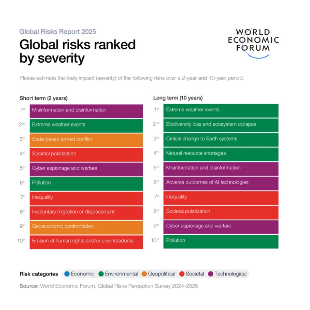 ⚠️Half of the top 10 risks identified for the next decade are environmental concerns.

Take these risks seriously: halt and restore nature loss.

Learn more in the @WEF Global Risks report: lnkd.in/etw9fvCg