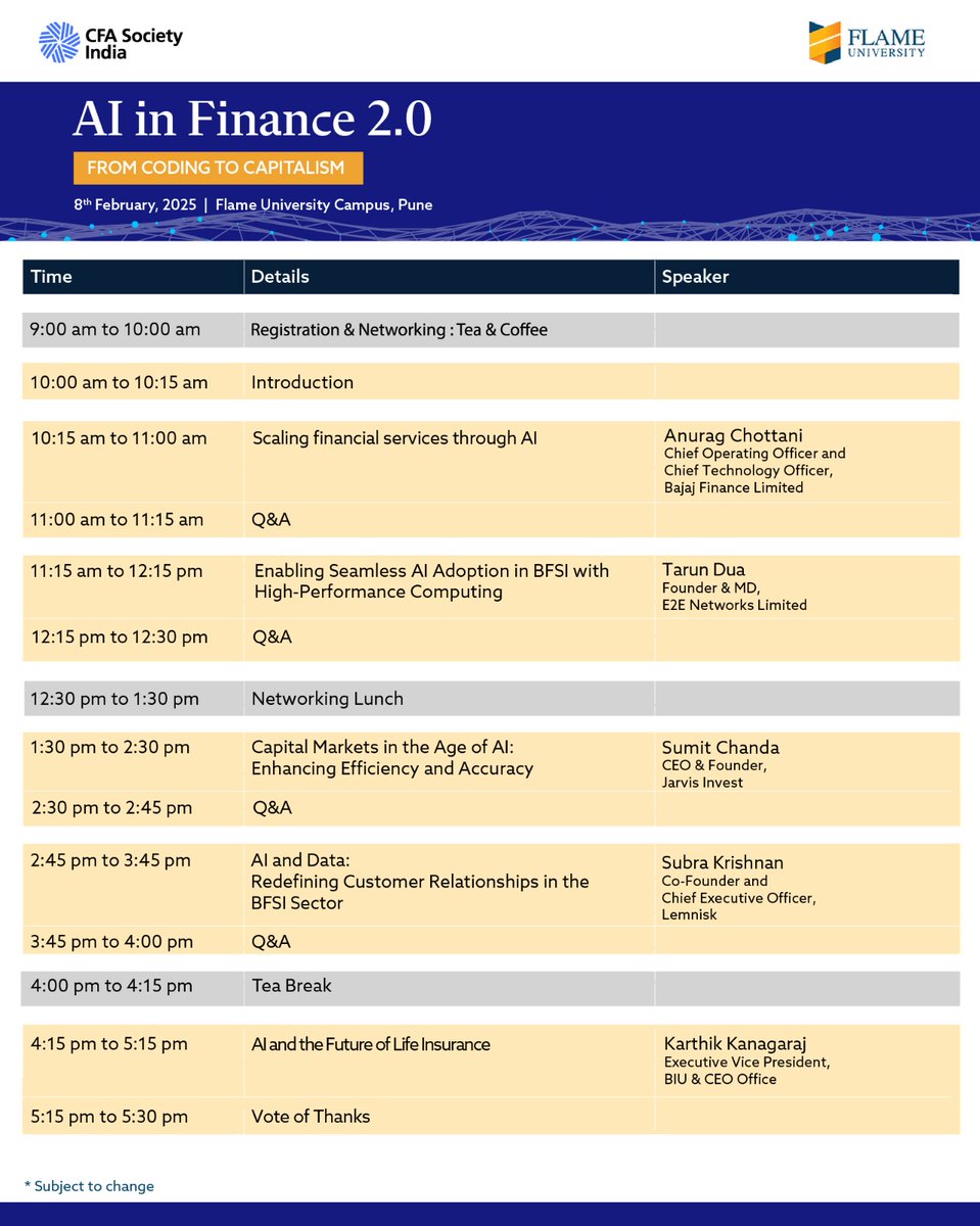 CFASocietyIndia's tweet photo. We have a stellar line-up of #speakers for the upcoming conference in Pune, #AI in #Finance 2.0 - From Coding to Capitalism. 
Date: 8 February 2025
Venue: @FLAMEUniversity , Pune
Time - 9 am to 5:30 pm
Early bird offer ends on 31 January, 2025. https://t.co/P1SOl6lJcv https://t.co/b68ponLVPa