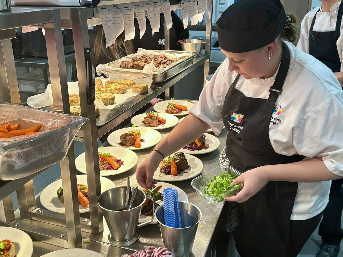 MMalacrino's tweet photo. @RestaurantAtT1 students putting on an amazing delight of food last week for #BurnsNight2025 to plate up for 45 guests! Being taught to do the skills for the job needed ! They delivered 💯! @abouttameside proud to tell the story ! https://t.co/xC55fpLvkY