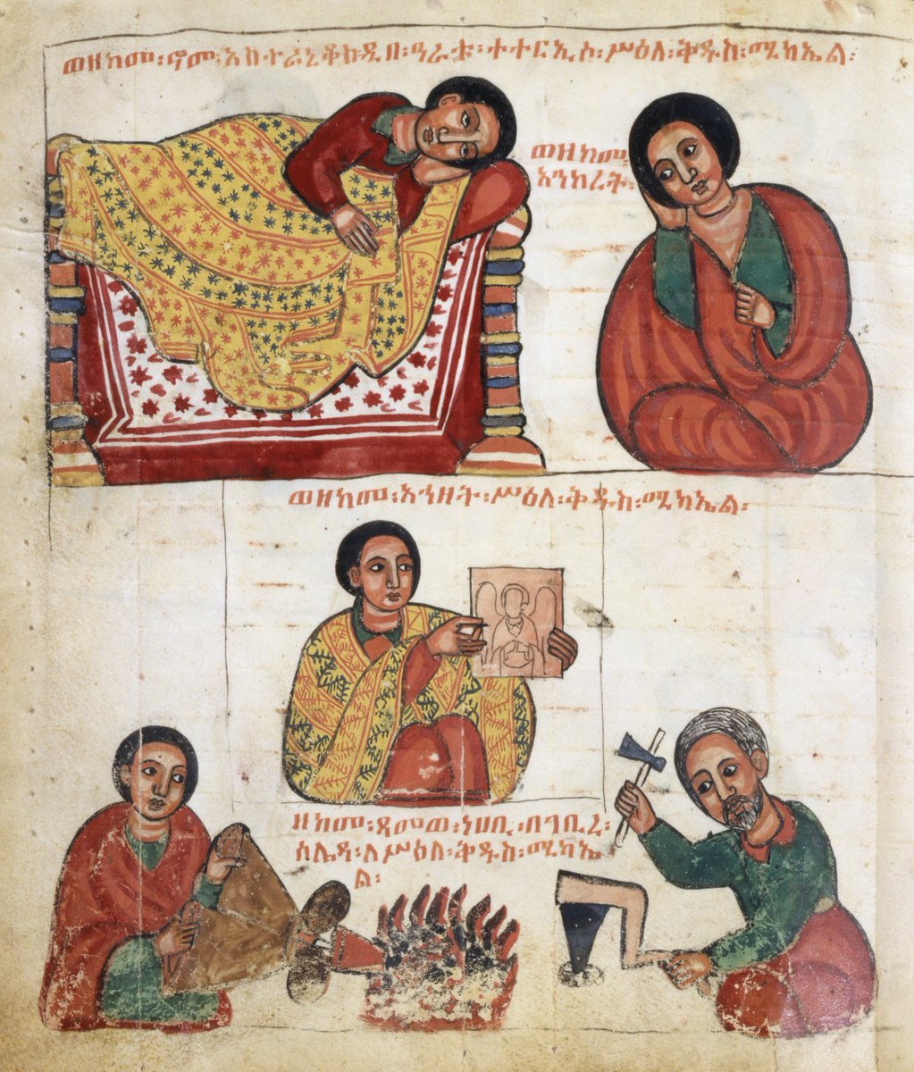 A 17th-century illuminated Ethiopian manuscript from the early Gondarine period portrays Astaraniqos sleeping on his bed with an image of St. Michael serving as his pillow. Below, it depicts an Ethiopian blacksmith diligently crafting a panel to house this sacred image. #EOTC
