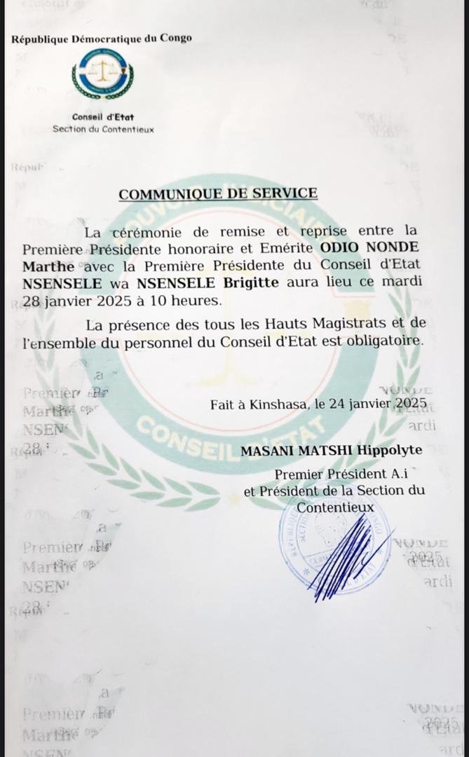 Le Conseil d’État organise mardi 28 janvier 2025 à 10h00 la cérémonie de remise et reprise entre la Première Présidente honoraire et Émérite ODIO NONDE Marthe et la Première Présidente du Conseil d'État NSENSELE wa NSENSELE Brigitte.