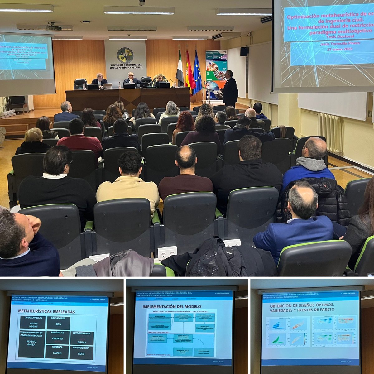 Estamos desde las 10:30h en la defensa de la tesis doctoral de <a href="/jtorreci/">Jesús Torrecilla</a> en el salón de actos de la <a href="/EPCC_Unex/">Escuela Politécnica CC</a> titulada “Optimización #Metaheurística de Estructuras de Ingeniería Civil. Una formulación dual de restricciones en el paradigma multiobjetivo” #Python #FrenteDePareto