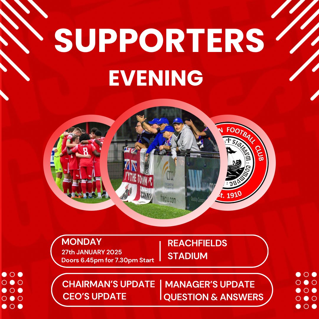 Tonight: Supporters Evening at Reachfields - we look forward to seeing you there.