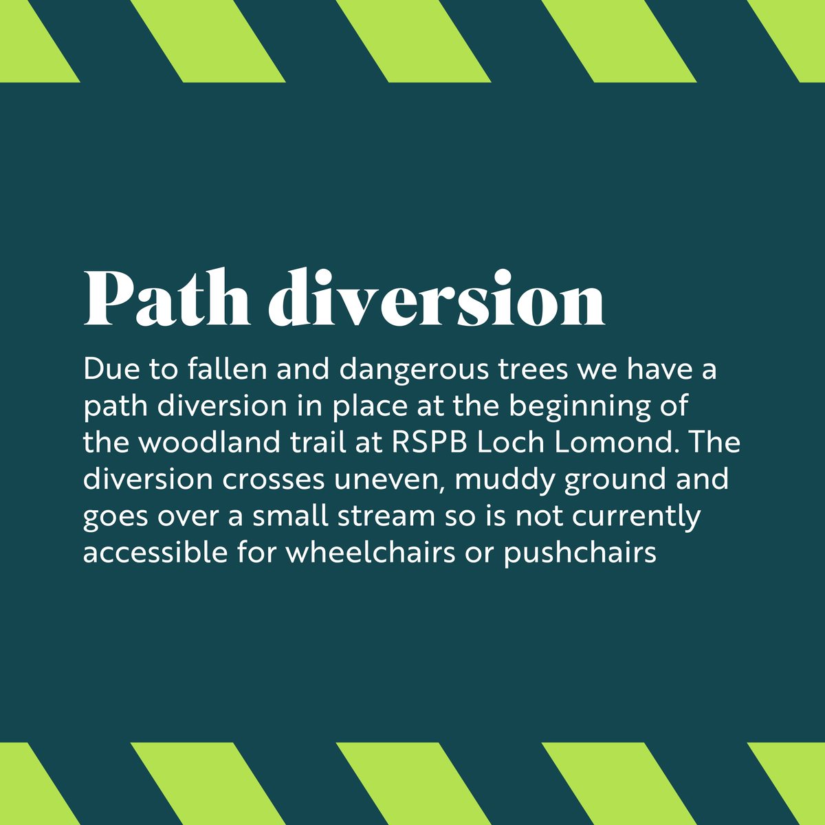 The car park and trails are back open <a href="/RSPBScotland/">RSPB Scotland</a> Loch Lomond but there is a path diversion in place at the beginning of the trail to avoid dangerous trees. 

<a href="/lomondtrossachs/">Loch Lomond & The Trossachs</a> <a href="/lovelochlomond/">Love Loch Lomond</a>