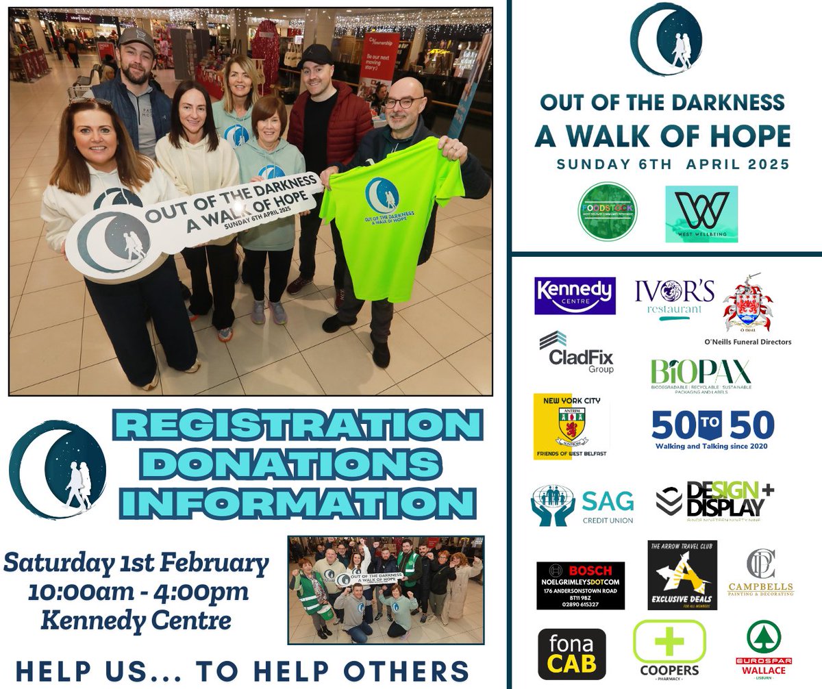 The Out of the Darkness team will be in <a href="/KCbelfast/">TheKennedyCentre</a>  this Saturday, 1st February from 10:00am. 

💙Stop by and say hello...

𝗥𝗘𝗚𝗜𝗦𝗧𝗥𝗔𝗧𝗜𝗢𝗡 ✅
𝗗𝗢𝗡𝗔𝗧𝗜𝗢𝗡𝗦 ✅
𝗜𝗡𝗙𝗢𝗥𝗠𝗔𝗧𝗜𝗢𝗡 ✅

REGISTER FOR OUR WALK 
register.enthuse.com/ps/event/Outof…