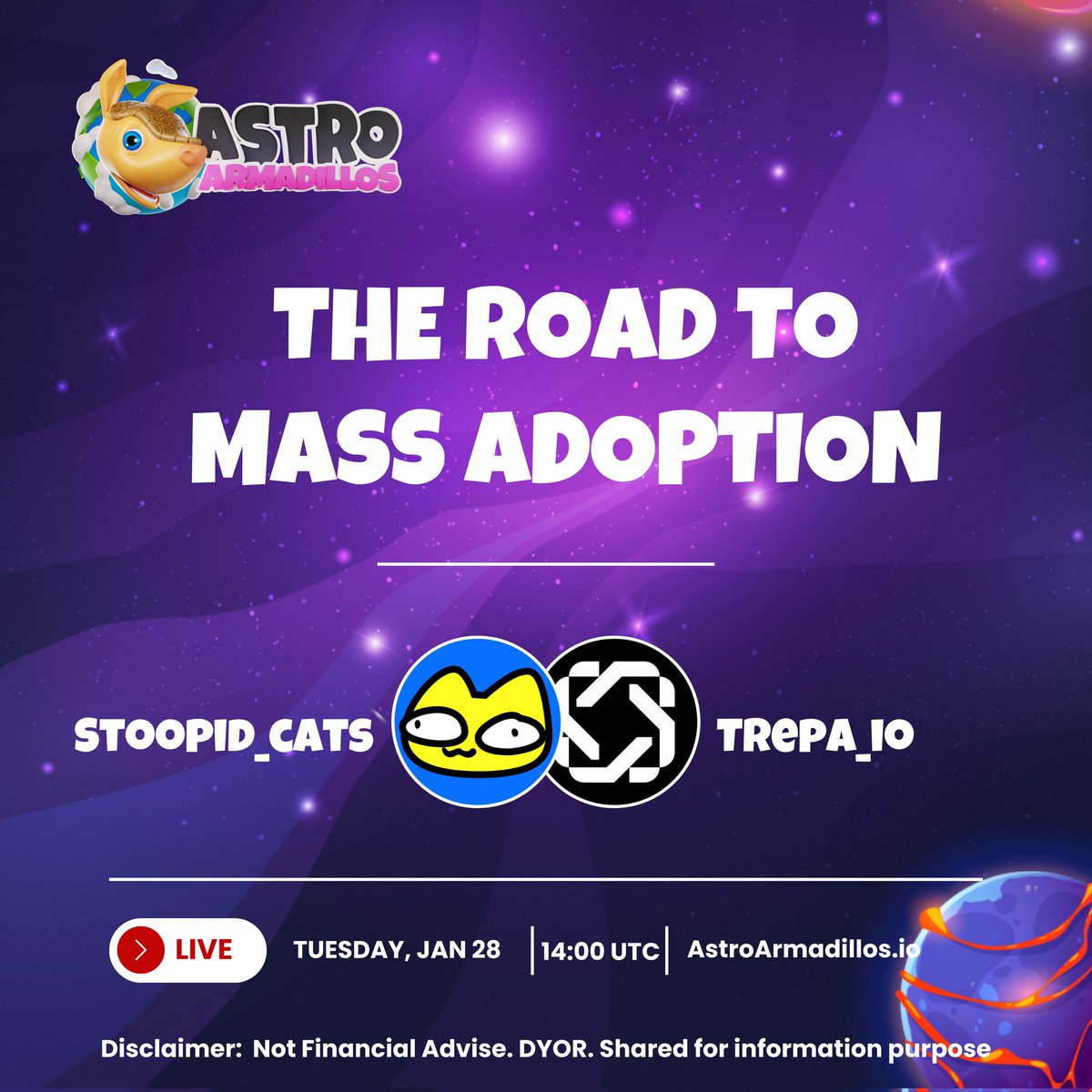 🚀 Join us tomorrow, 28th JAN at 14:00 UTC on X-Space!  

What’s happening:  
🌍 The Road to Mass Adoption – How do we bring Web3 to everyone?  
💡 Hear from <a href="/x_stoopidcats_x/">Stoopid Cats</a> and <a href="/trepa_io/">Trepa</a> about their exciting projects.  

🎁 Plus: Secondary Mint Giveaway!  

👉 Set a reminder