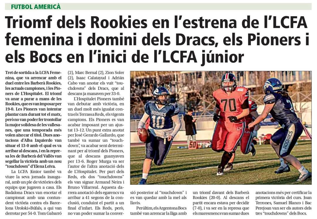 FCFAtwi's tweet photo. FCFA | L'estrena de la #LCFAFemenina i de la #LCFAJúnior va ser notícia a @lesportiuCAT amb la @UFECcat!!

#FCFA #americanfootball #futbolamerica @esportcat @barberarookies @bufals  @pioners  @Uroloki @ArgentonaBocs @BDN_Dracs @AcademyDracs @terrassareds https://t.co/5tdiBm01JU
