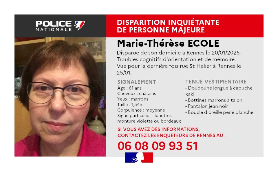 PoliceNat35's tweet photo. #DisparitionInquiétante | La Police de #Rennes lance un appel à témoins suite à la disparition d'une femme de 61 ans présentant d'importants troubles cognitifs.
Merci de diffuser cette avis de recherche et de contacter les enquêteurs en cas d'information utile https://t.co/uq3yzPWccX
