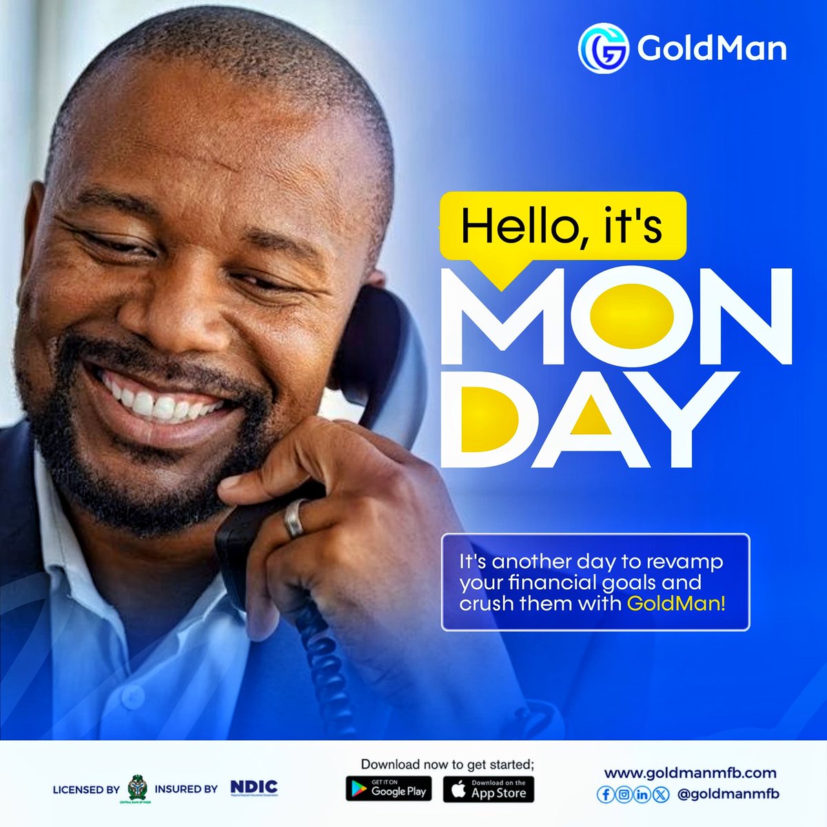 Hey there, it’s Monday again! Another opportunity to refocus, re-strategize, and crush those financial goals. 

Whatever your plans are this week, GoldMan’s got your back! Let’s make it a productive one.

#goldman #digitalbanking #newweeknewgoals #growyourwealth