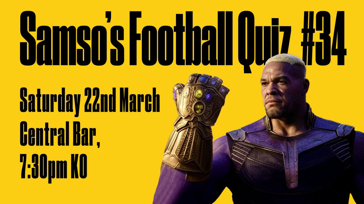 Samso's Footy Quiz (@samsosfootyquiz) on Twitter photo Think you know your Ben Mee from your Jason Lee? Come and prove it at Samso's Football Quiz at <a href="/The_Central_Bar/">The Central Bar</a> on Saturday 22 March 2025, 7:30pm kick off.
Send me a message to book a table. First come, first served.
Waxa X Think you know your Ben Mee from your Jason Lee? Come and prove it at Samso's Football Quiz at <a href="/The_Central_Bar/">The Central Bar</a> on Saturday 22 March 2025, 7:30pm kick off.
Send me a message to book a table. First come, first served.
Waxa X