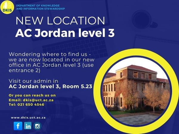Wondering where to find us - we are now located in AC Jordan Building on level 3 (use second entrance - close to Beattie Building).

We can't wait to see you in our new space!!!

#DKIS #newlocationvibes #AcJordan #UCT