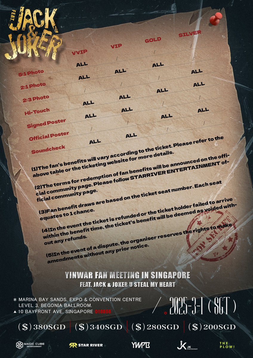 KAvenyou's tweet image. [EVENT] YINWAR FAN MEETING TOUR (FEAT. JACK &amp;amp; JOKER U STEAL MY HEART) IN SG 2025
  
📅 1 Mar 2025  
⏰ TBA
📍 Marina Bay Sands, Expo &amp;amp; Convention Centre, Level 3, Begonia Ballroom
🎫 S$200-S$380

🃏 General Sales: TBA

Stay tuned for more details!

#YINWAR #yinyin_anw #warwanarat