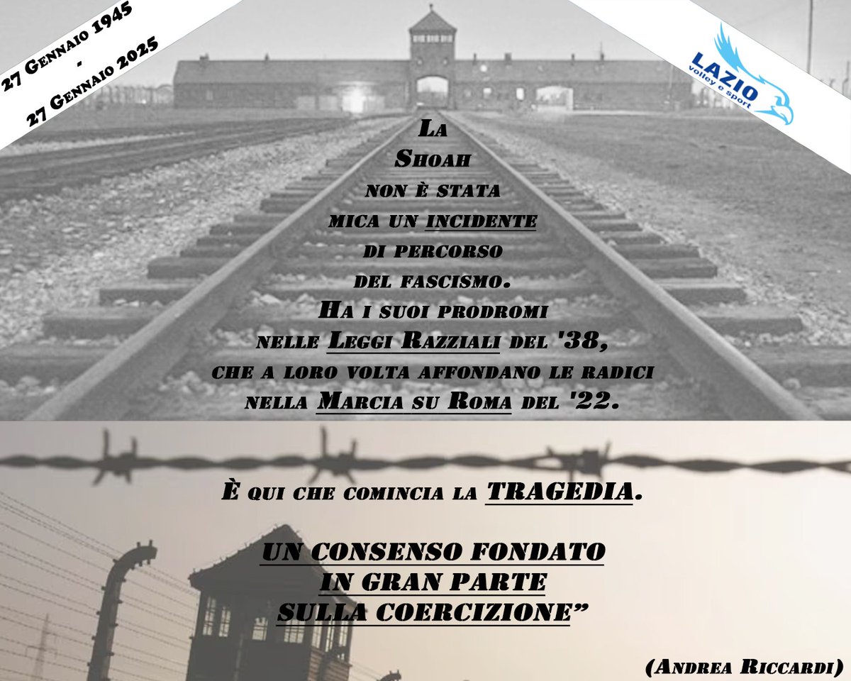 LazioVeS's tweet photo. 80 anni fa, i cancelli del Lager nasista di Auschwitz furono abbattuti dai carri armati dell'esercito sovietico rivelando al mondo le nefandezze del nazismo.

Tenere viva la memoria di quanto accaduto significa non solo ricordare, ma ricordare per non ripetere https://t.co/8Qgzt8kiC8