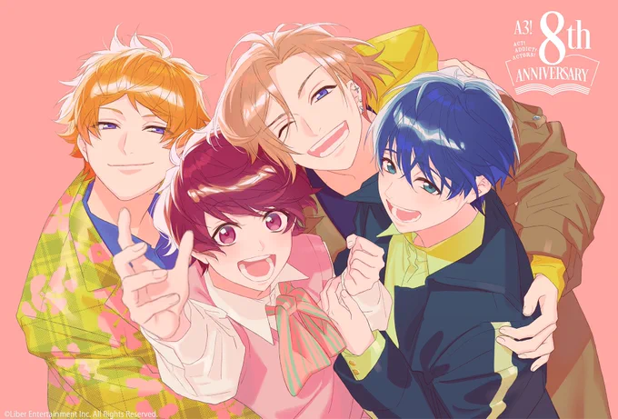 A3!【8周年】だおめでとう&ありがとうございますあっという間と思いつつ、重ねる年月の大きさと変わらず支えてくださる皆さまに感謝しかありません。いつも沢山の愛をありがとうございますまた1年彼らと共に成長出来るように私も頑張りますおめでとうA3!#エースリー #エースリー満員御礼 