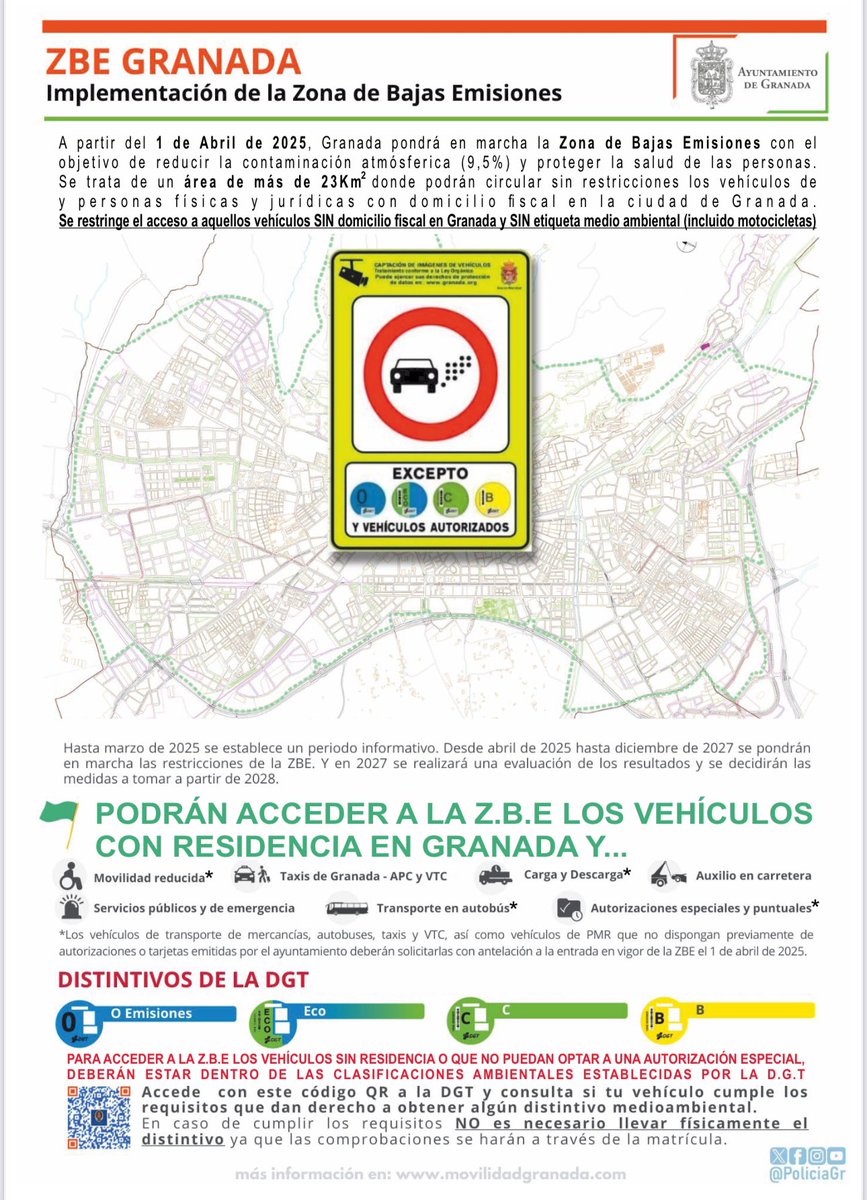 🗓️ Comienzo de la #ZBEGranada: 1 de abril 2025.
♻️Calificación ambiental necesaria 0, ECO, C o B, exigible a todo vehículo a motor sin domicilio fiscal en la ciudad de Granada (se excluyen ciclomotores).
❌No es obligatorio poner pegatina ambiental.
+ Info movilidadgranada.com/zbe.php